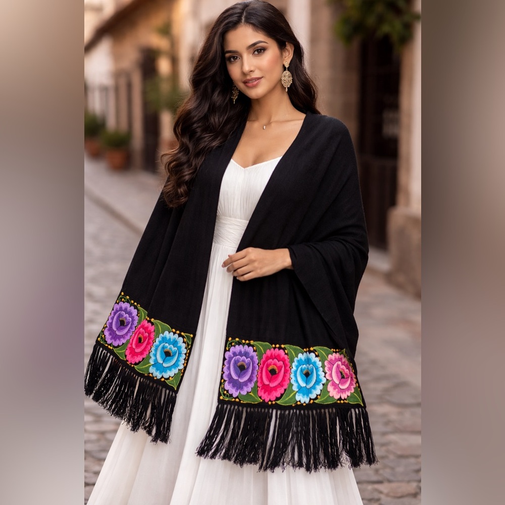 Hand Floral Embroidered Rebozo Shawl-fringed wrap- Artisan handmade